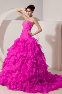 Upscale Hot Pink A-line Sweetheart Quinceaneras Dress in with Brush Train