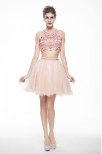 Peach A-line Scoop Sleeveless Chiffon Knee Length Backless Beading Prom Dress