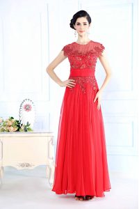 Scoop Floor Length Zipper Prom Party Dress Coral Red for Prom and Party with Beading