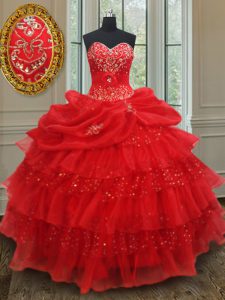 Floor Length Lace Up Vestidos de Quinceanera Red for Military Ball and Sweet 16 and Quinceanera with Beading and Ruffled