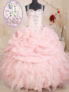 Beauteous Organza Straps Sleeveless Zipper Beading and Ruffles and Pick Ups Quinceanera Gowns in Baby Pink