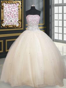 Superior Champagne Lace Up Quince Ball Gowns Beading Sleeveless Floor Length