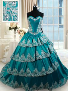 Beading and Embroidery and Ruffled Layers Quinceanera Dress Teal Lace Up Sleeveless Floor Length