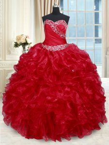 Red Sleeveless Beading and Ruffles Floor Length Sweet 16 Dresses
