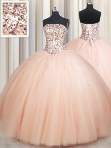 Peach Sleeveless Floor Length Beading Lace Up Quinceanera Dresses