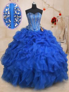 Custom Design Sleeveless Floor Length Beading and Ruffles Lace Up 15th Birthday Dress with Royal Blue