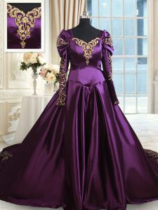 Dark Purple A-line Taffeta Off The Shoulder Long Sleeves Beading and Embroidery With Train Zipper Quinceanera Gown Chape