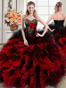 Black and Red Organza and Tulle Lace Up Sweet 16 Dresses Sleeveless Floor Length Beading and Ruffles and Hand Made Flowe