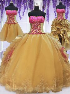 Dramatic Four Piece Hot Pink and Gold Organza and Taffeta Lace Up Sweet 16 Dress Sleeveless With Brush Train Beading and