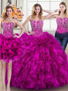 Simple Three Piece Sweetheart Sleeveless Organza Quinceanera Gown Beading and Ruffles Brush Train Lace Up