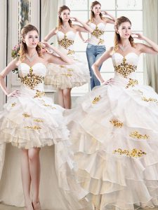 Smart Four Piece Sweetheart Sleeveless Organza Quince Ball Gowns Beading and Ruffles Lace Up