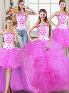 Glamorous Four Piece Floor Length Fuchsia Quinceanera Dresses Tulle Sleeveless Beading and Appliques and Ruffles