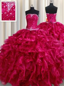 Inexpensive Fuchsia Ball Gowns Strapless Sleeveless Organza Floor Length Lace Up Beading and Ruffles Vestidos de Quincea