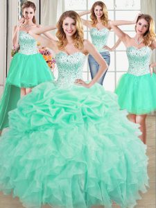 Elegant Four Piece Sleeveless Organza Floor Length Lace Up Sweet 16 Dress in Apple Green with Beading and Ruffles and Pi