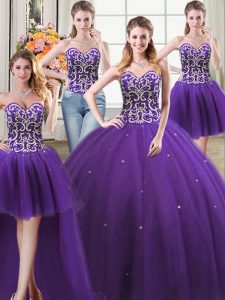 Four Piece Floor Length Ball Gowns Sleeveless Purple Quinceanera Gown Lace Up