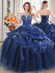 Romantic Navy Blue Ball Gowns Organza Sweetheart Sleeveless Beading and Pick Ups Floor Length Lace Up Sweet 16 Dresses