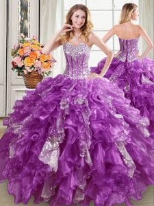 Purple Lace Up 15th Birthday Dress Beading and Ruffles and Sequins Sleeveless Floor Length