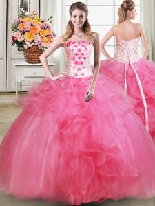 Hot Pink Sleeveless Beading and Appliques and Ruffles Floor Length Sweet 16 Quinceanera Dress