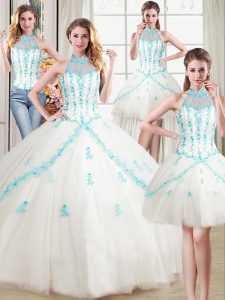 Four Piece Halter Top Sleeveless Beading and Appliques Lace Up Sweet 16 Dress