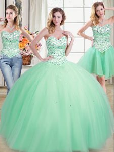 Clearance Three Piece Floor Length Lace Up Quinceanera Dresses Apple Green for Military Ball and Sweet 16 and Quinceaner