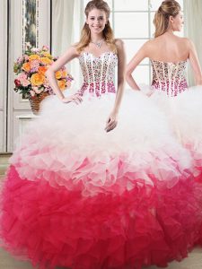 Gorgeous Pink And White Ball Gowns Organza Sweetheart Sleeveless Beading and Ruffles Floor Length Lace Up Vestidos de Qu