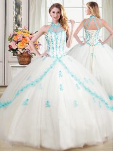 Charming Halter Top Sleeveless Floor Length Beading and Appliques Lace Up 15 Quinceanera Dress with White