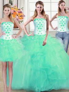 Modern Three Piece Tulle Sleeveless Floor Length Sweet 16 Quinceanera Dress and Beading and Appliques and Ruffles