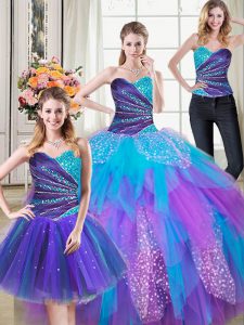 Ideal Three Piece Tulle Sweetheart Sleeveless Lace Up Beading and Ruffles Quinceanera Dresses in Multi-color