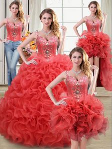 Four Piece Straps Sleeveless Floor Length Beading and Ruffles Zipper 15 Quinceanera Dress with Coral Red