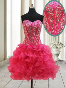 Popular Sleeveless Organza Mini Length Lace Up Homecoming Dress in Hot Pink with Beading
