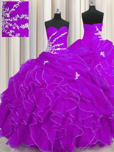 Purple Sweetheart Neckline Beading and Appliques and Ruffles Quinceanera Gown Sleeveless Lace Up