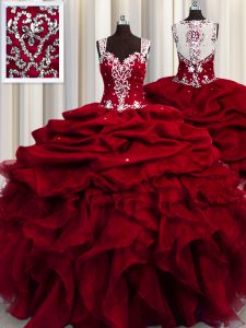 Exquisite See Through Beading and Ruffles and Sequins Quinceanera Gown Wine Red Zipper Sleeveless Floor Length