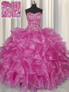 Visible Boning Fuchsia Sleeveless Organza Lace Up 15th Birthday Dress for Military Ball and Sweet 16 and Quinceanera