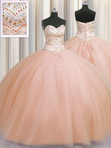 Bling-bling Really Puffy Peach Lace Up Sweetheart Beading Sweet 16 Quinceanera Dress Tulle Sleeveless