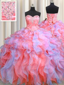 Multi-color Organza Lace Up Quinceanera Gowns Sleeveless Floor Length Beading and Appliques and Ruffles
