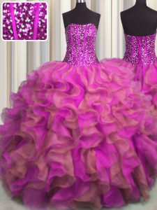 Visible Boning Beaded Bodice Beading and Ruffles Quinceanera Gowns Multi-color Lace Up Sleeveless Floor Length