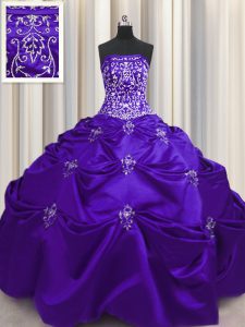 Sleeveless Floor Length Beading and Appliques and Embroidery Lace Up Ball Gown Prom Dress with Purple