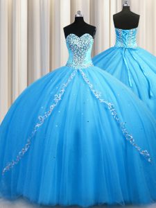 Glorious Baby Blue Lace Up Sweetheart Beading Quinceanera Gowns Tulle Sleeveless Brush Train