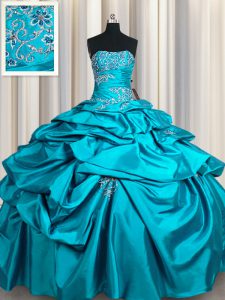 Smart Strapless Sleeveless Taffeta Quinceanera Dress Appliques and Pick Ups Lace Up