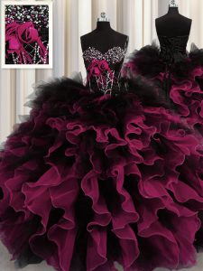 Wonderful Red And Black Sleeveless Floor Length Beading and Ruffles Lace Up Quince Ball Gowns