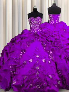 Sequins Sweetheart Sleeveless Vestidos de Quinceanera Floor Length Beading and Embroidery and Ruffles Purple Taffeta