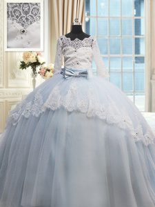 Light Blue Ball Gowns Tulle Scalloped Half Sleeves Beading and Lace and Bowknot Lace Up Quinceanera Dresses Brush Train