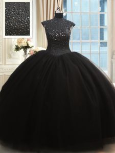 High Neck Black Cap Sleeves Tulle Zipper Quinceanera Dresses for Military Ball and Sweet 16 and Quinceanera