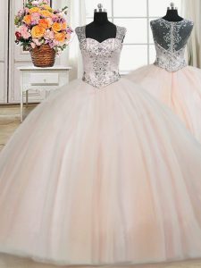 Affordable See Through Back Zipper Up Peach Quinceanera Gown Military Ball and Sweet 16 and Quinceanera and For with Bea
