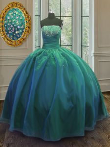 Teal Lace Up Ball Gown Prom Dress Sequins Sleeveless Floor Length