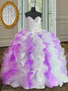 Suitable White And Purple Sleeveless Organza Lace Up Sweet 16 Dresses for Military Ball and Sweet 16 and Quinceanera