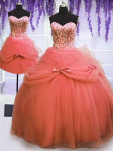 Three Piece Watermelon Red Ball Gowns Sweetheart Sleeveless Tulle Floor Length Lace Up Beading and Bowknot Sweet 16 Dres