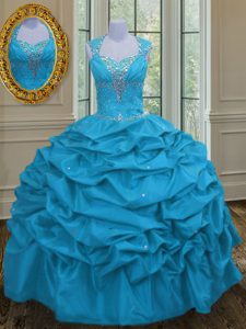 Straps Aqua Blue Taffeta Lace Up 15th Birthday Dress Sleeveless Floor Length Beading and Pick Ups
