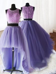 High Class Three Piece Scoop Organza and Tulle and Lace Sleeveless With Train Quinceanera Gown Brush Train and Beading a