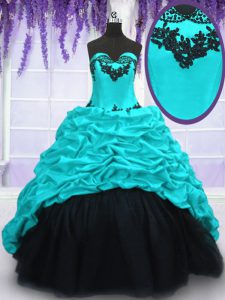 Comfortable Appliques and Pick Ups Quinceanera Gown Aqua Blue Lace Up Sleeveless With Train Sweep Train